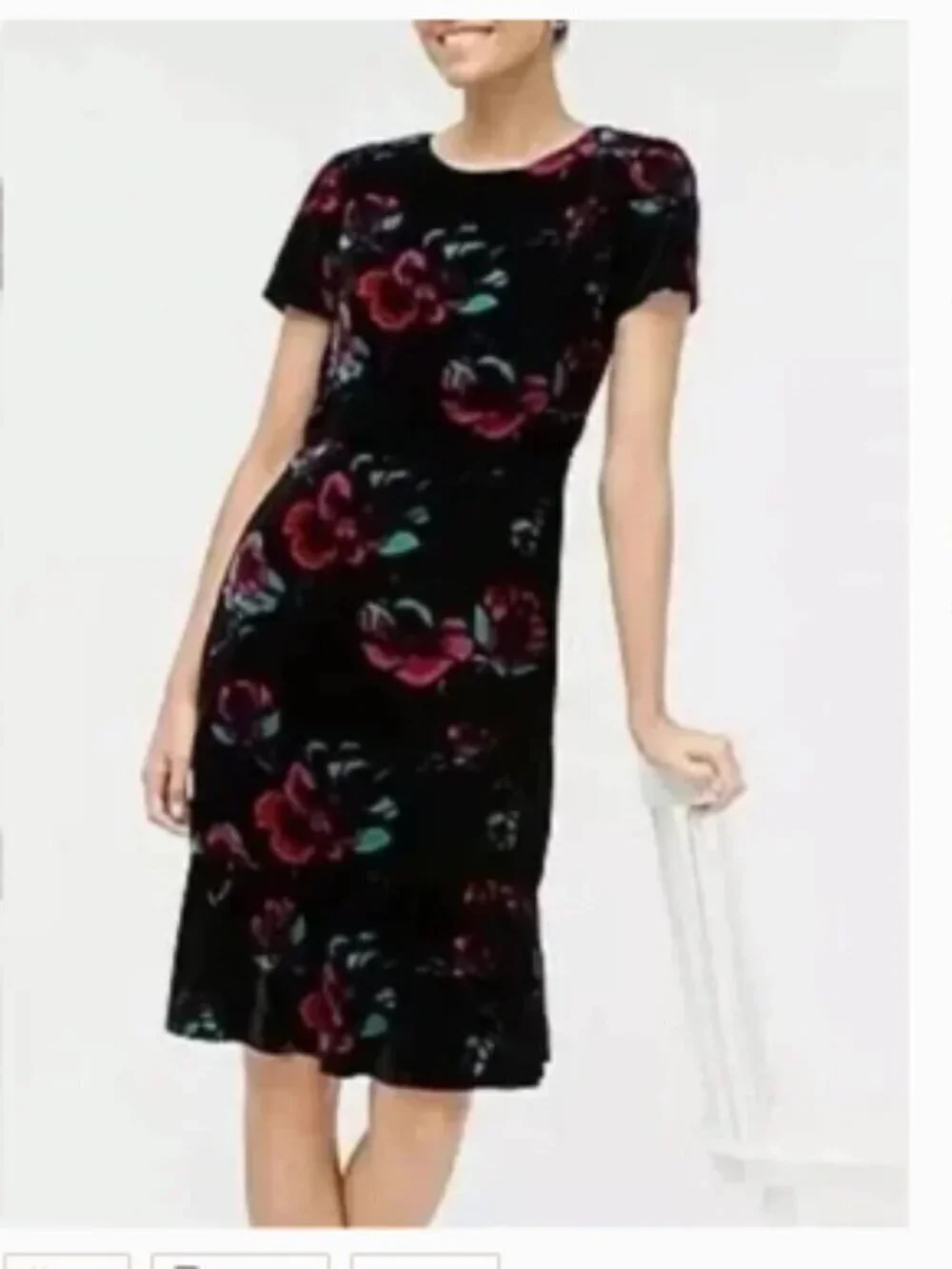 J. Crew Black Velvet Velour Short Sleeve Floral Flutter Dress Size 6 NWT